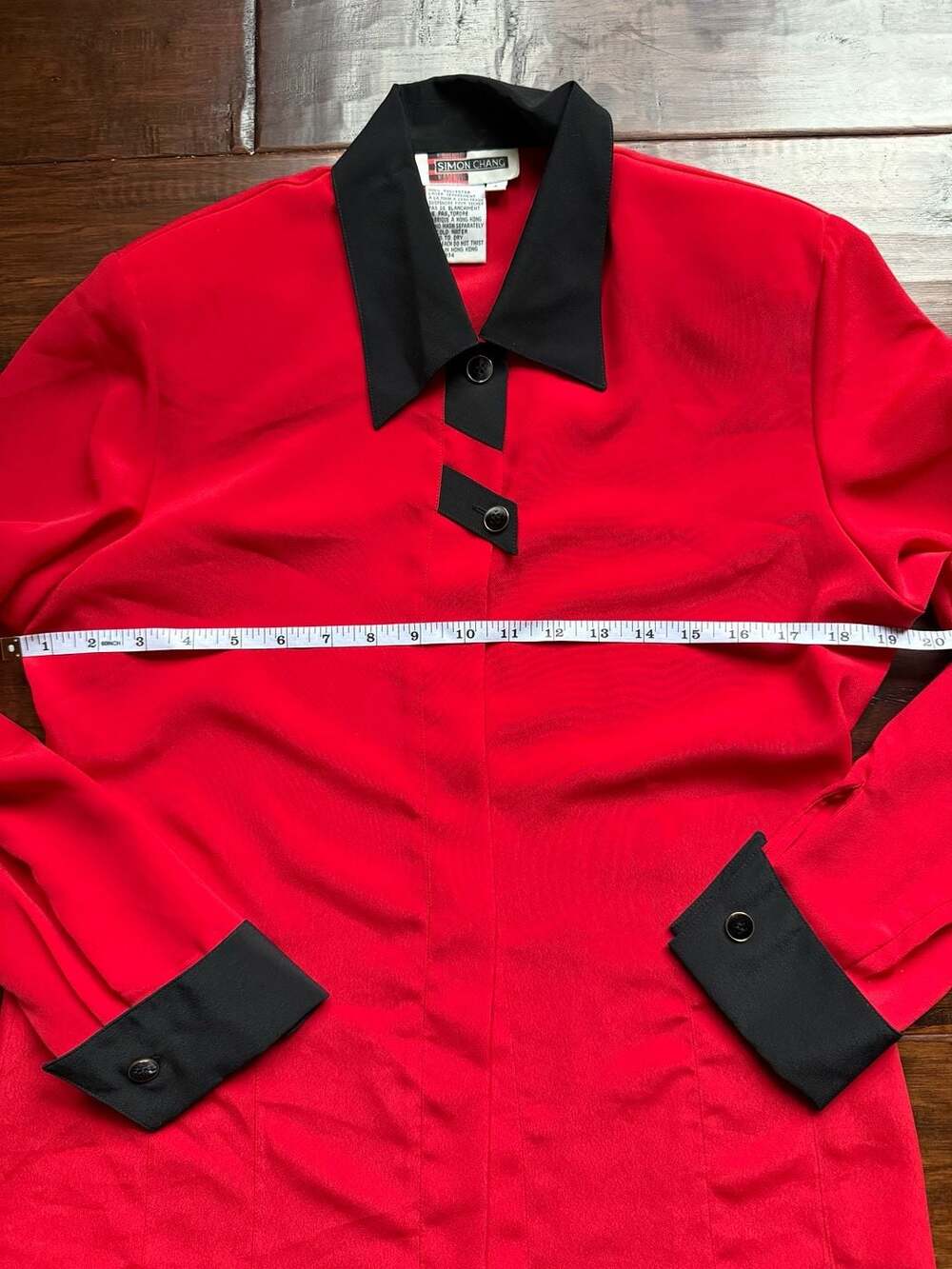 Vintage Simon Chang Red and Black Contrast Trim Long Sleeve Blouse Size 6 - Picture 4 of 6